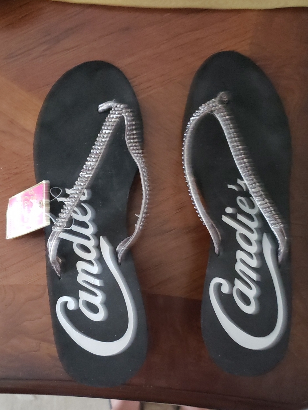 Candie's Black Flip Sandals with Silver Rhinestone Straps